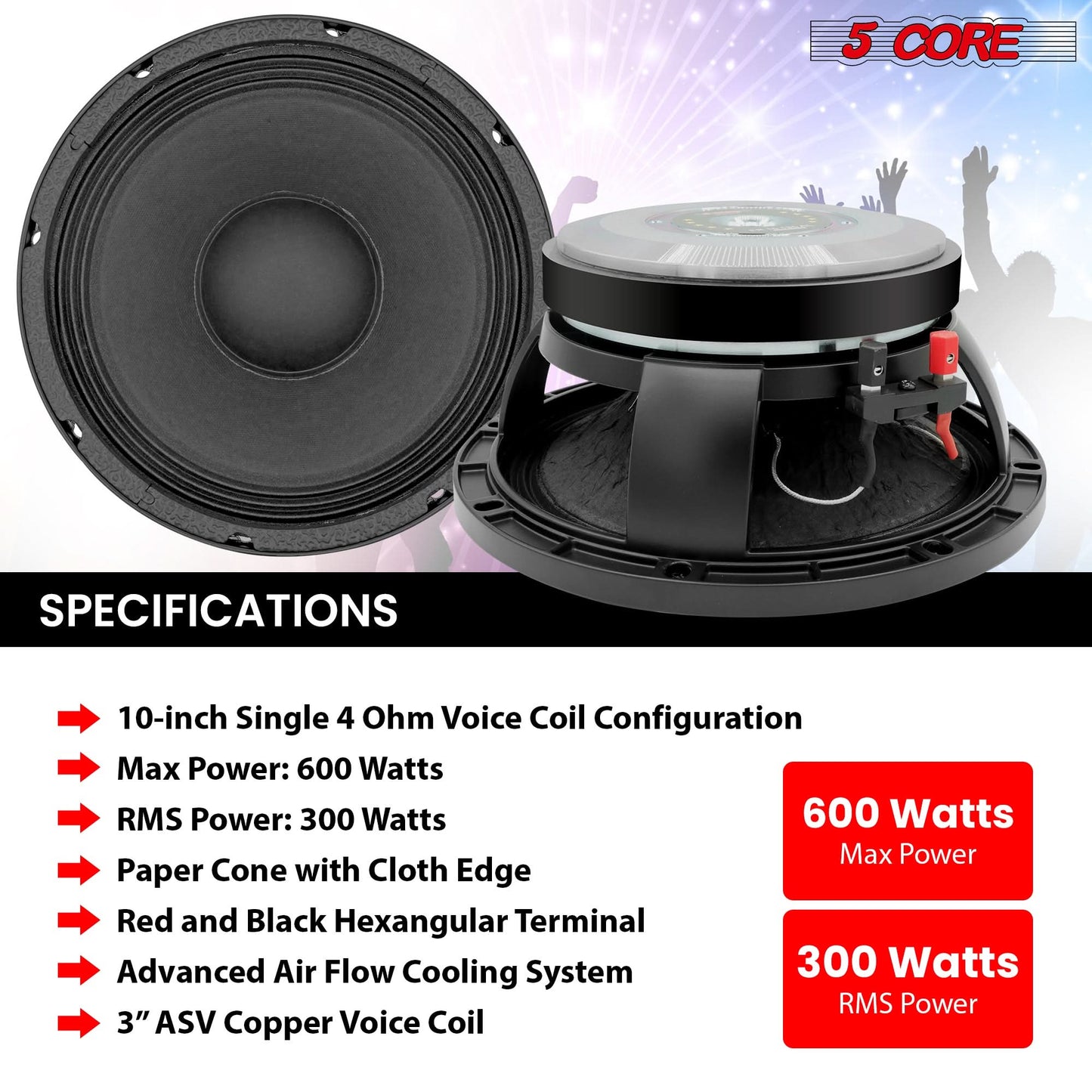 5 CORE 10 Inch Subwoofer Speaker 600W Max 4 Ohm Full Range Replacement