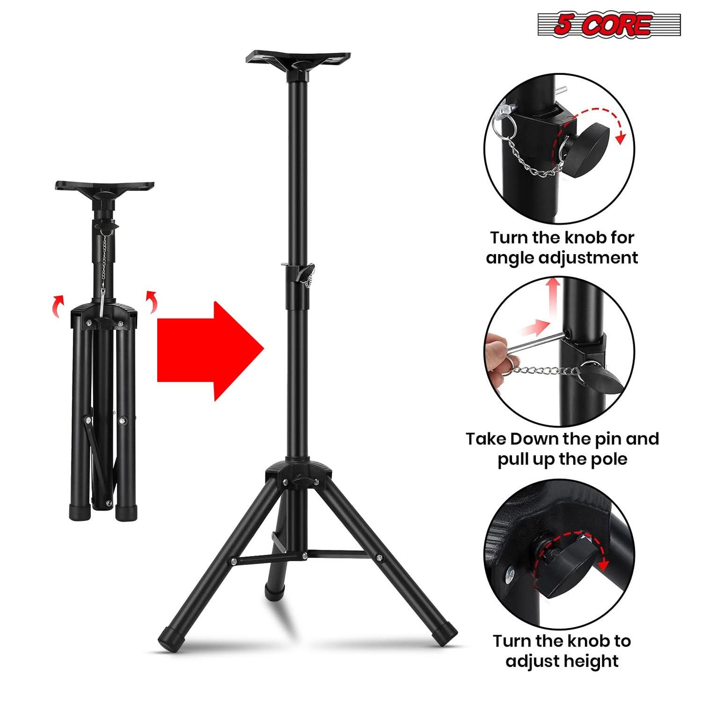 5Core Speaker Stand Tripod Tall Adjustable 36 Inch DJ Pole Mount