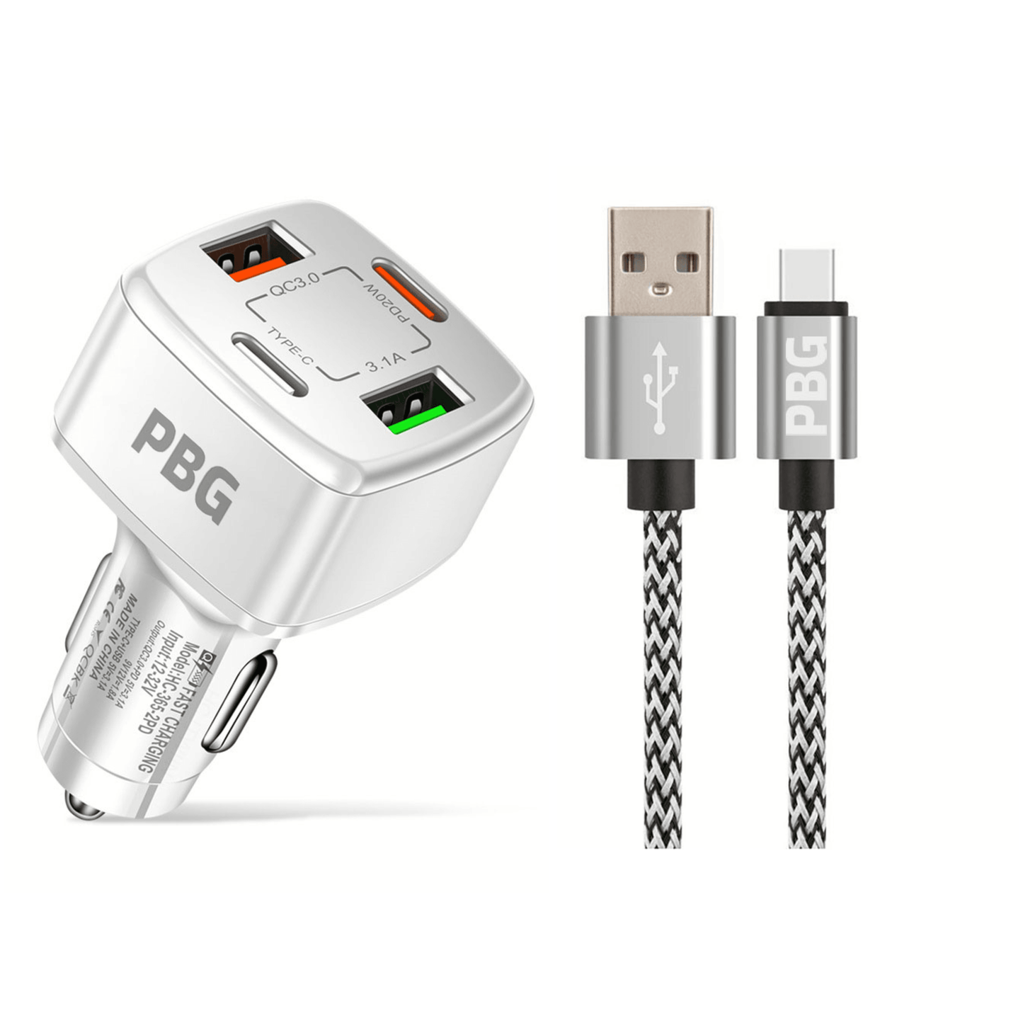 PBG White PD 4-Port Fast Car Charger with 10FT Zebra Style Wire iPhone