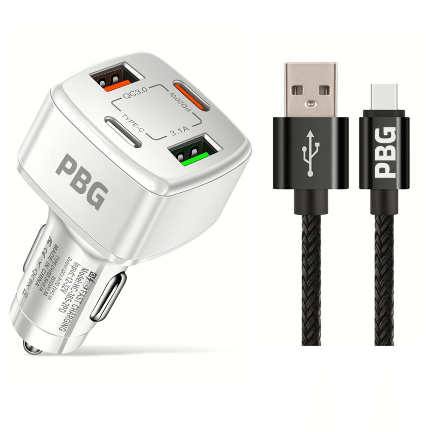 PBG White PD 4-Port Fast Car Charger with 10FT Zebra Style Wire iPhone