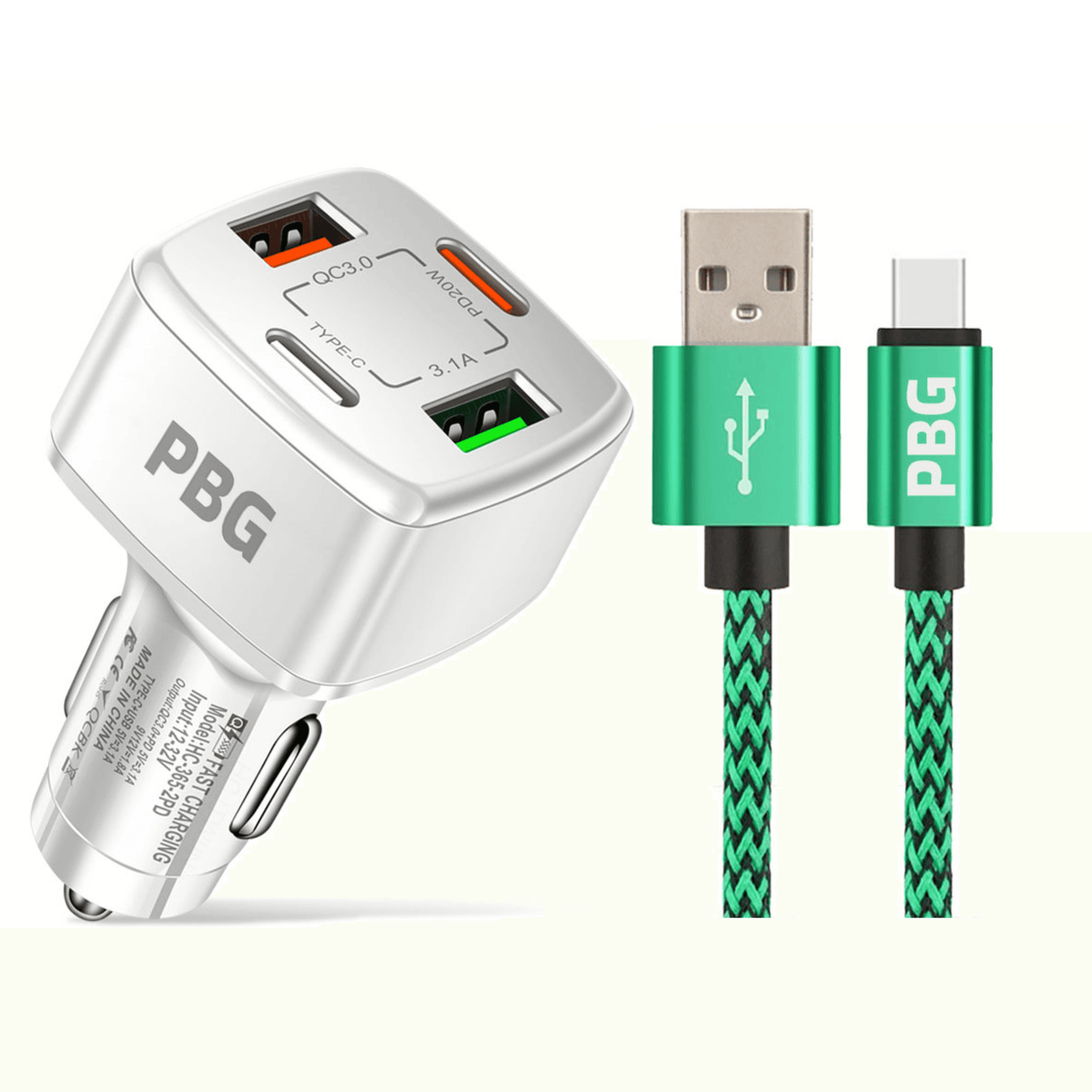 PBG White PD 4-Port Fast Car Charger with 10FT Zebra Style Wire iPhone