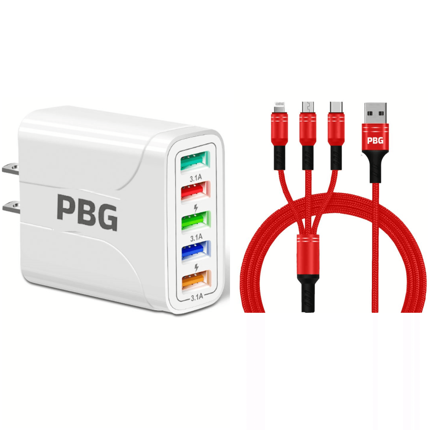 PBG White 5-Port LED Wall Charger & 3-in-1 Nylon Braided Fast Charging