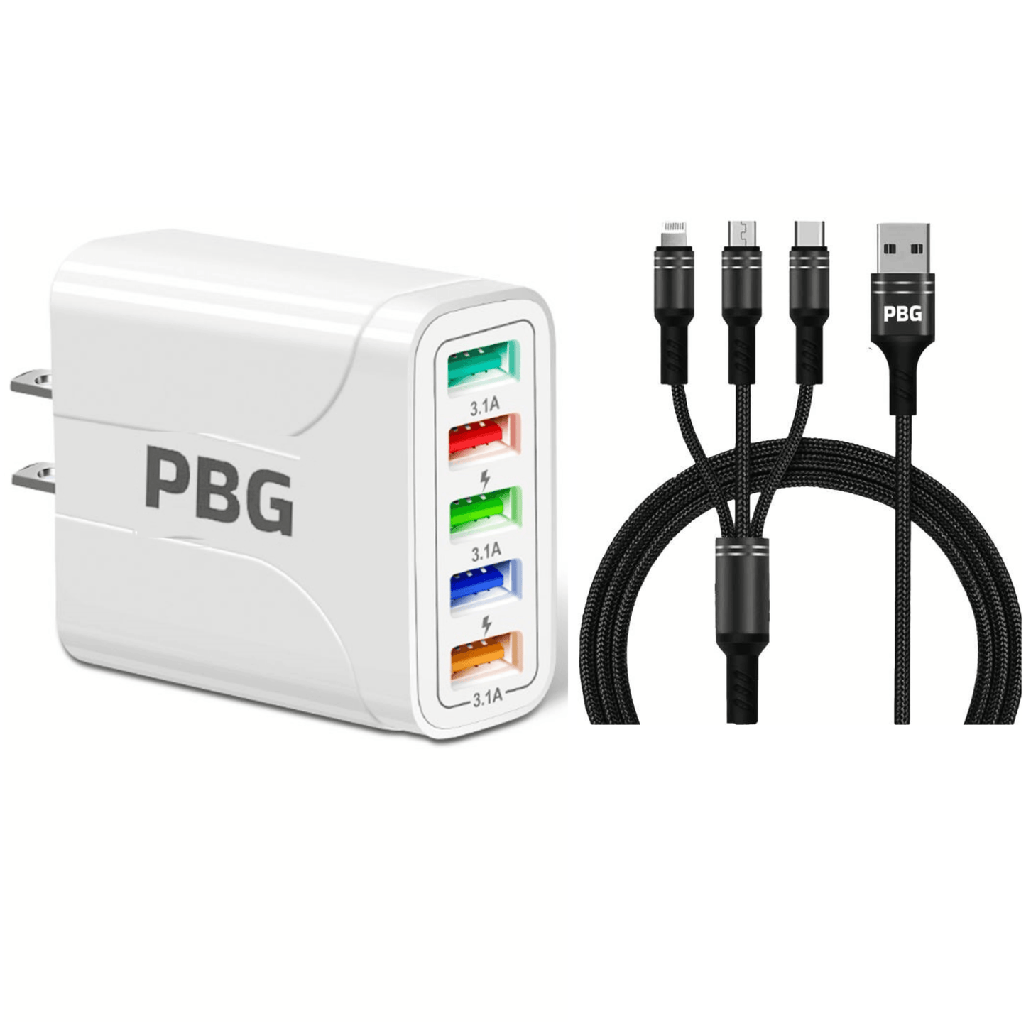 PBG White 5-Port LED Wall Charger & 3-in-1 Nylon Braided Fast Charging