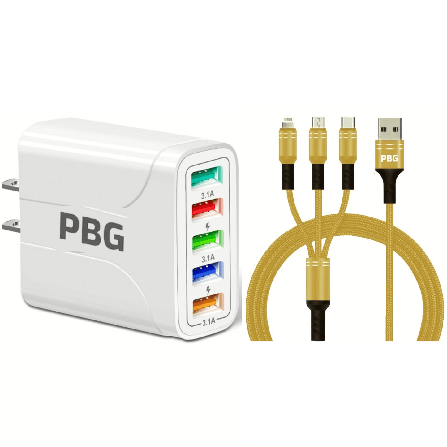 PBG White 5-Port LED Wall Charger & 3-in-1 Nylon Braided Fast Charging