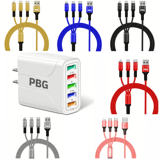 PBG White 5-Port LED Wall Charger & 3-in-1 Nylon Braided Fast Charging