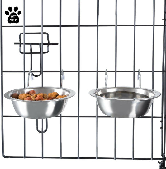 Set of 2 Stainless-Steel Dog Bowls - Cage, Kennel, and Crate Hanging Pet Bowls for Food and Water - 8Oz Each and Dishwasher Safe by PETMAKER, Silver