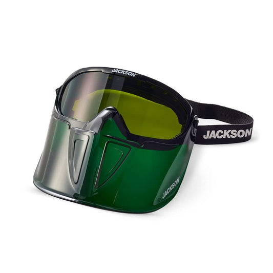 Jackson Safety GPL500 Safety Goggles with Flip Up/Detachable Green Face Shield - Eye Protection Goggles over Glasses for Men & Women - Anti-Fog, Shade 5 IR Lens, ANSI Z87.1