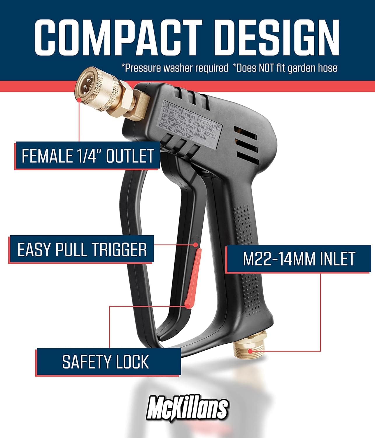 Mckillans® Short Pressure Washer Gun with Replacement M22 Inlet- High Pressure Water Handle with 1/4” Quick Connector Coupler - Power Washer Gun Compatible with Foam Cannon - Car Wash Foam Gun