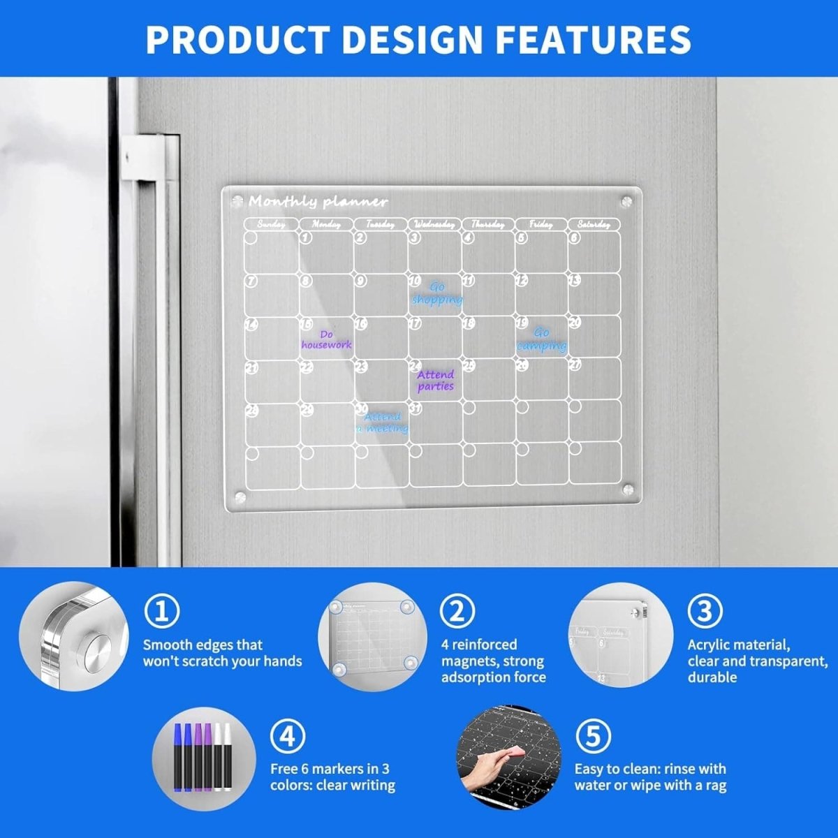 AITEE Acrylic Magnetic Dry Erase Board Calendar for Fridge, Monthly Calendar, 16"X12" Inches Clear Calendar for Refrigerator Includes 6 Dry Erase Markers with 3 Colors - Camel Supplies