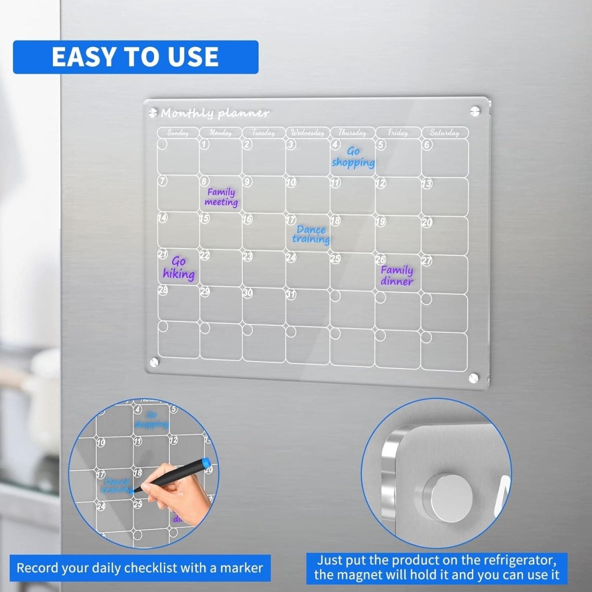 AITEE Acrylic Magnetic Dry Erase Board Calendar for Fridge, Monthly Calendar, 16"X12" Inches Clear Calendar for Refrigerator Includes 6 Dry Erase Markers with 3 Colors - Camel Supplies