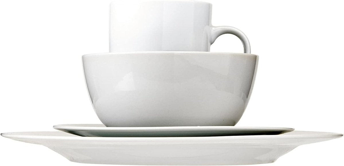 Amazon Basics 16 - Piece Porcelain Kitchen Dinnerware Set with Plates, Bowls and Mugs, Service for 4 - White - Camel Supplies