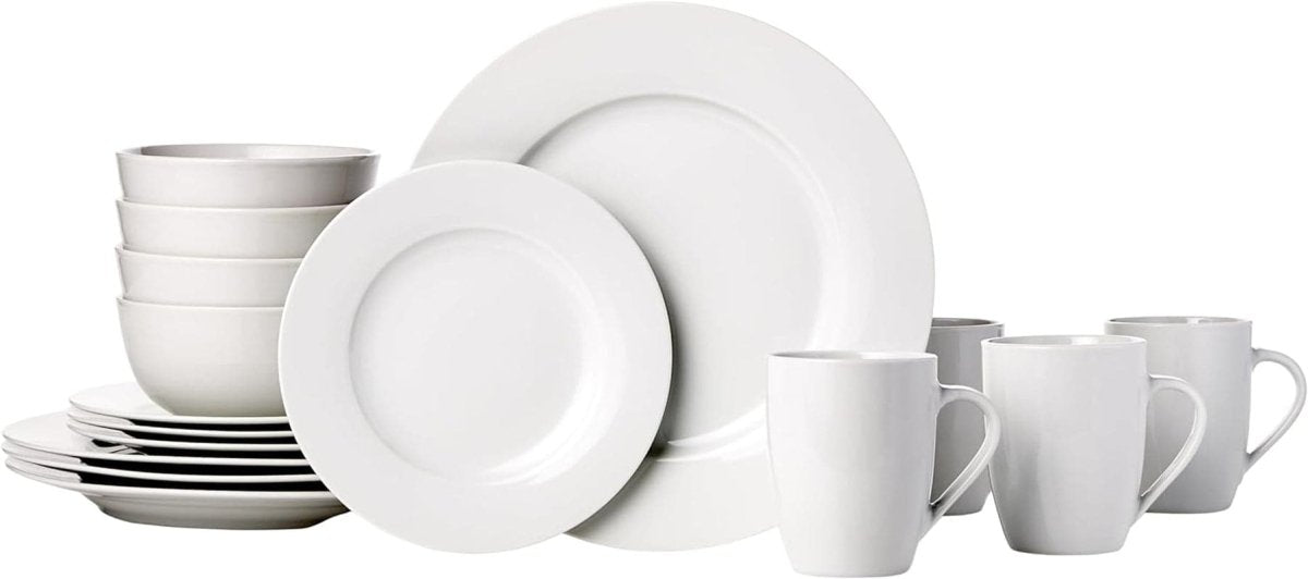 Amazon Basics 16 - Piece Porcelain Kitchen Dinnerware Set with Plates, Bowls and Mugs, Service for 4 - White - Camel Supplies