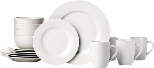 Amazon Basics 16 - Piece Porcelain Kitchen Dinnerware Set with Plates, Bowls and Mugs, Service for 4 - White - Camel Supplies