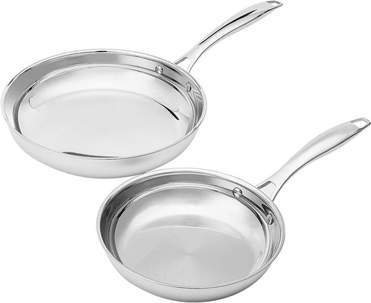 Amazon Basics 2 - Piece Oven Safe, Riveted Handle Frying Pan - Silver, 8 - Inch & 10 - Inch - Camel Supplies