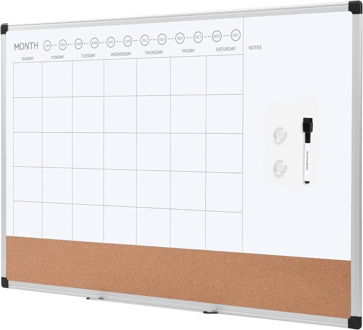 Amazon Basics Monthly Calendar Whiteboard Dry Erase and Cork Board, Silver Aluminium Frame, 24 X 36 Inches, White - Camel Supplies