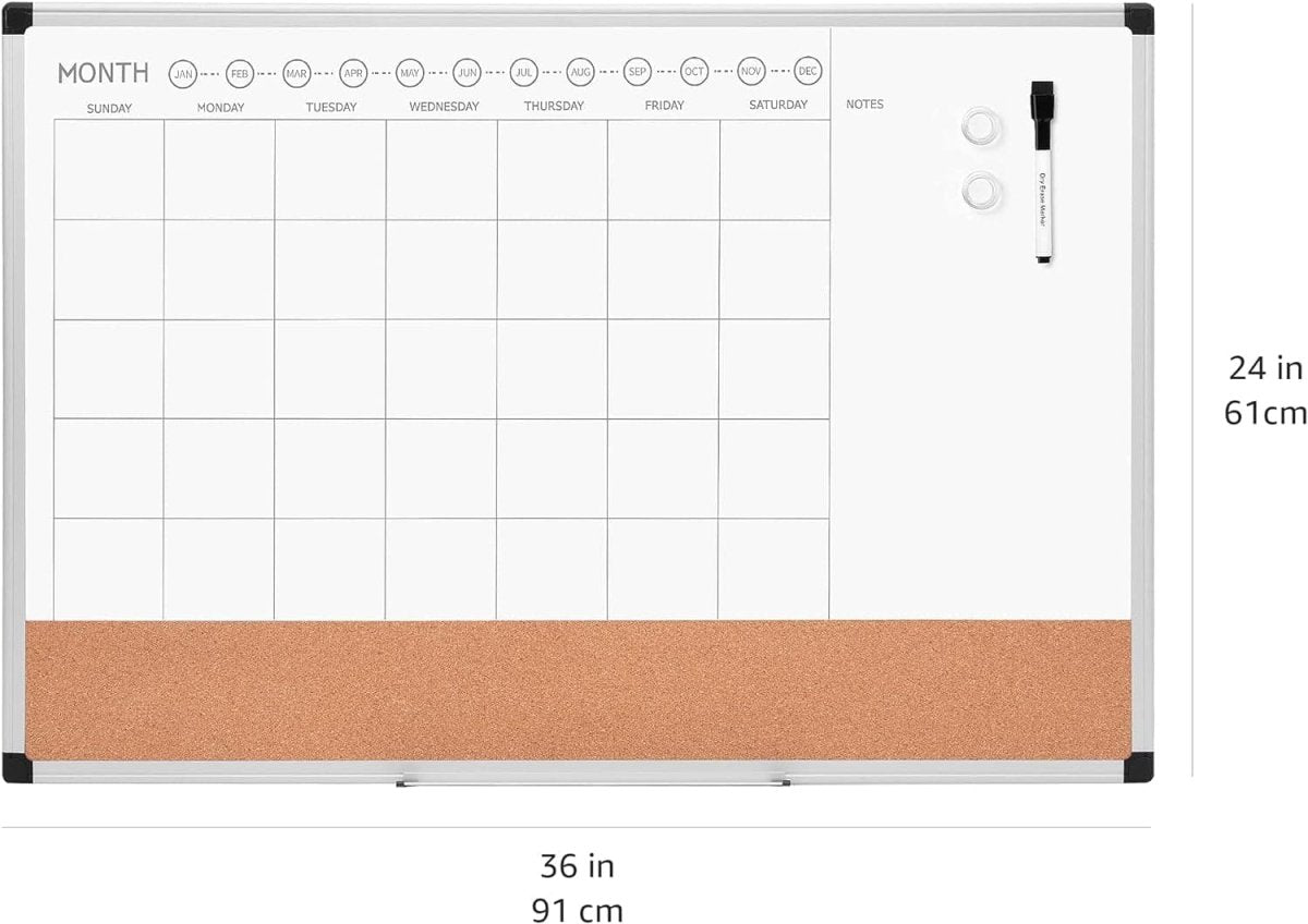 Amazon Basics Monthly Calendar Whiteboard Dry Erase and Cork Board, Silver Aluminium Frame, 24 X 36 Inches, White - Camel Supplies