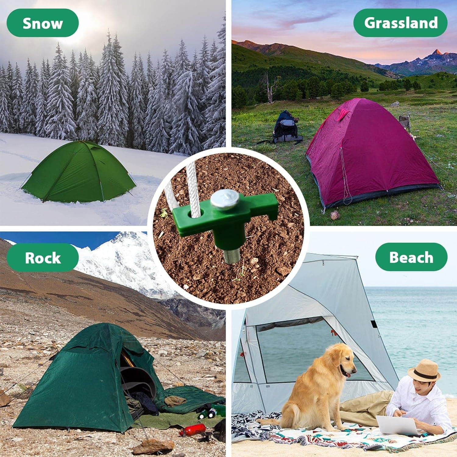 Eurmax USA Galvanized Non-Rust Camping Family Tent Pop up Tent Stakes Ice Tools Heavy Duty 10Pc-Pack, with 4X10Ft Ropes & 1 Green Stopper