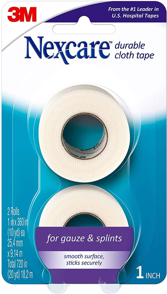 Nexcare Durable Cloth Tape, Woven Tape, Securely Holds Bulky Wound Dressing - 1 in X 10 Yds, 2 Rolls of Tape