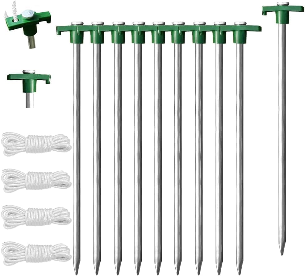 Eurmax USA Galvanized Non-Rust Camping Family Tent Pop up Tent Stakes Ice Tools Heavy Duty 10Pc-Pack, with 4X10Ft Ropes & 1 Green Stopper