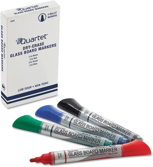 Quartet Glass Board Dry Erase Markers, Premium, Bullet Tip, Assorted Colors, 4 Pack (79552)