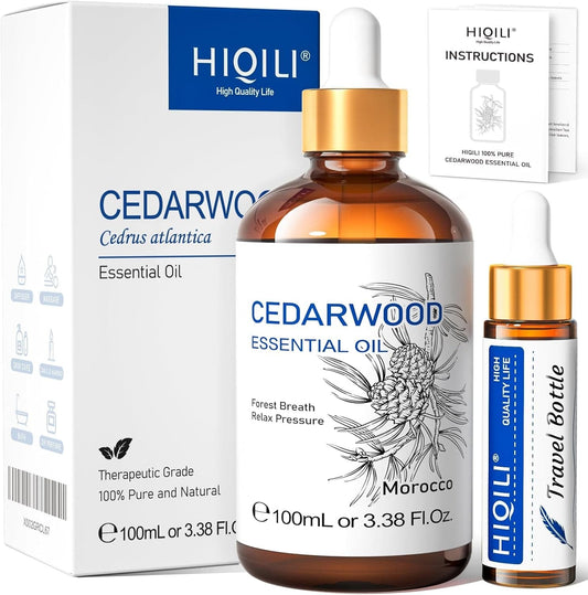 HIQILI Cedarwood Essential Oil (3.38 Fl Oz), 100% Natural Therapeutic Grade, Premium Glass Dropper, for Hair & Skin Care, Soap Making, Add to Diffusers, Sprays