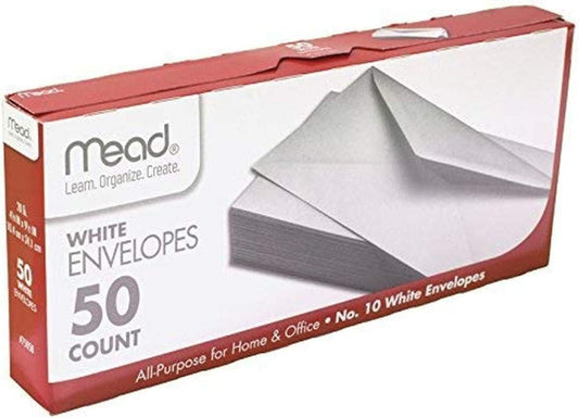 Mead #10 Envelopes, Gummed Closure, All-Purpose 20-Ib Paper, 4-1/8" X 9-1/2", Plain White, 50/Box (75050)