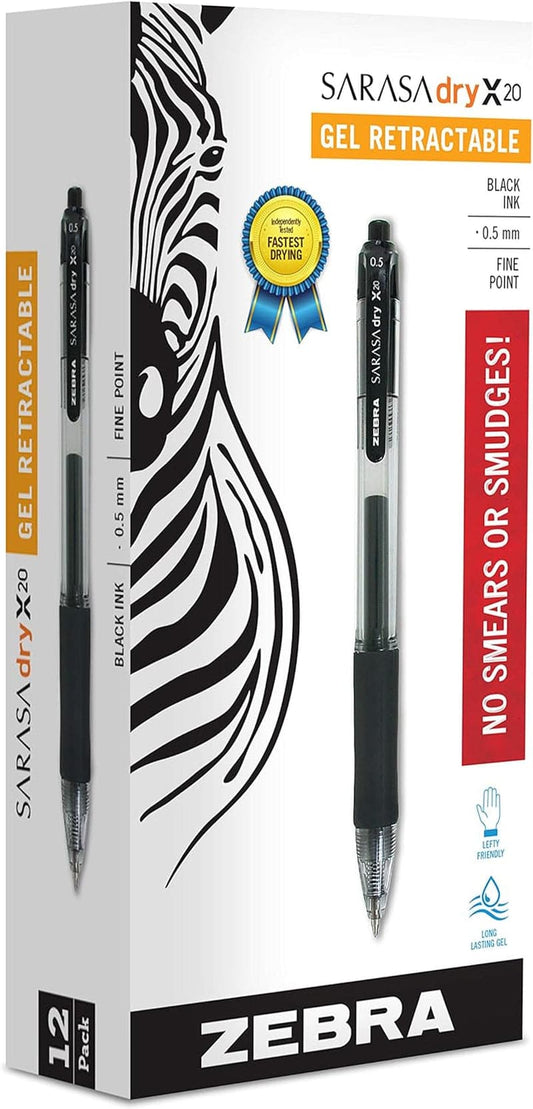 Zebra Pen Sarasa Dry X20 Retractable Gel Pen, Fine Point, 0.5Mm, Black Ink, 12-Pack