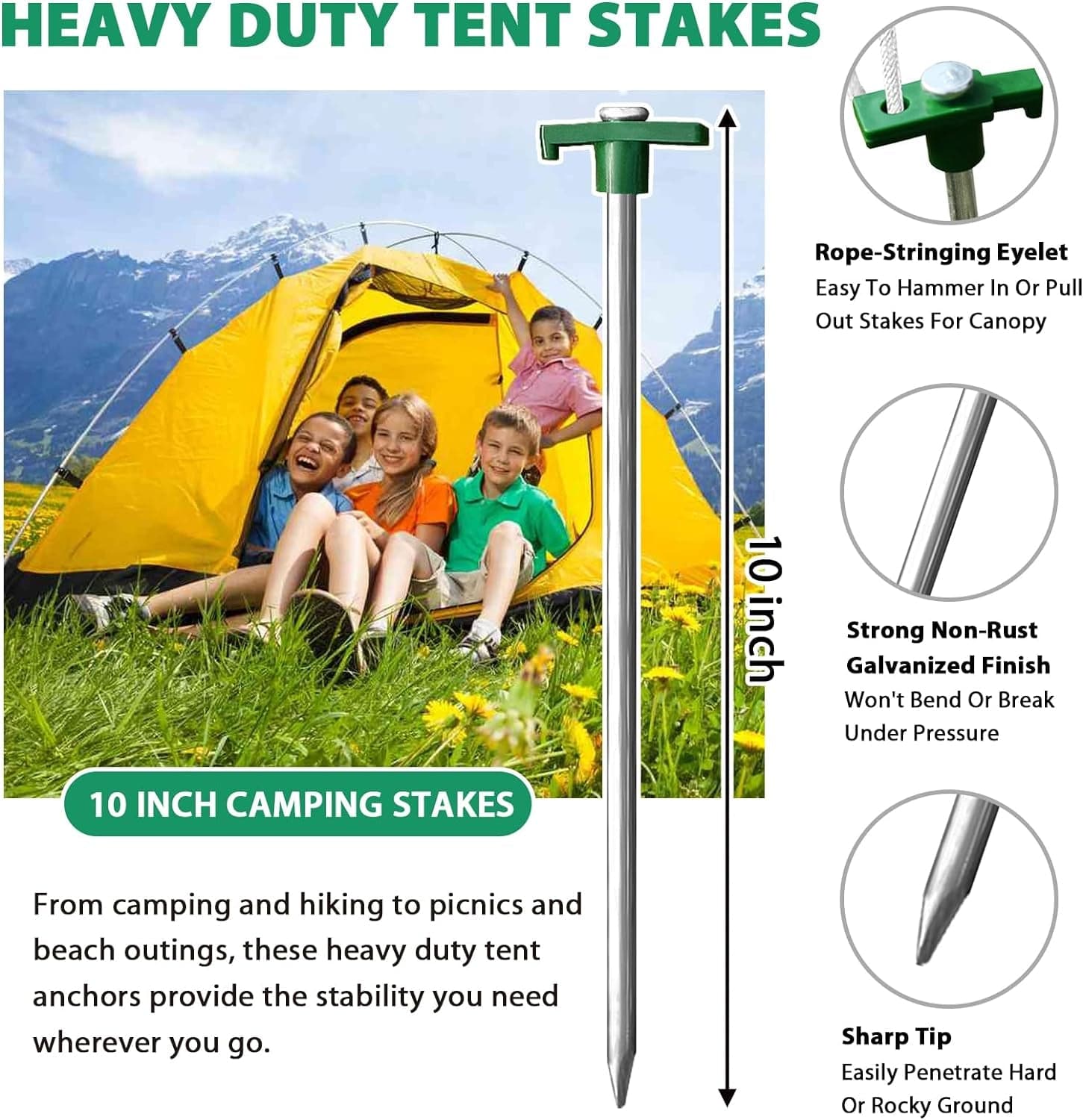 Eurmax USA Galvanized Non-Rust Camping Family Tent Pop up Tent Stakes Ice Tools Heavy Duty 10Pc-Pack, with 4X10Ft Ropes & 1 Green Stopper