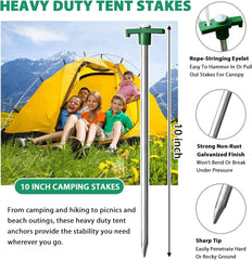 Eurmax USA Galvanized Non-Rust Camping Family Tent Pop up Tent Stakes Ice Tools Heavy Duty 10Pc-Pack, with 4X10Ft Ropes & 1 Green Stopper