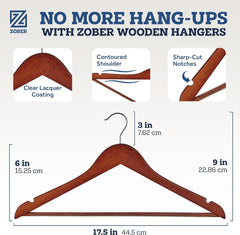 ZOBER Wooden Hangers - 20 Pack, Heavy Duty, Non Slip Wood Hangers for Coats, Jackets, Suits, & Pants - Clothes Hangers for Closet W/ Bar and Notches