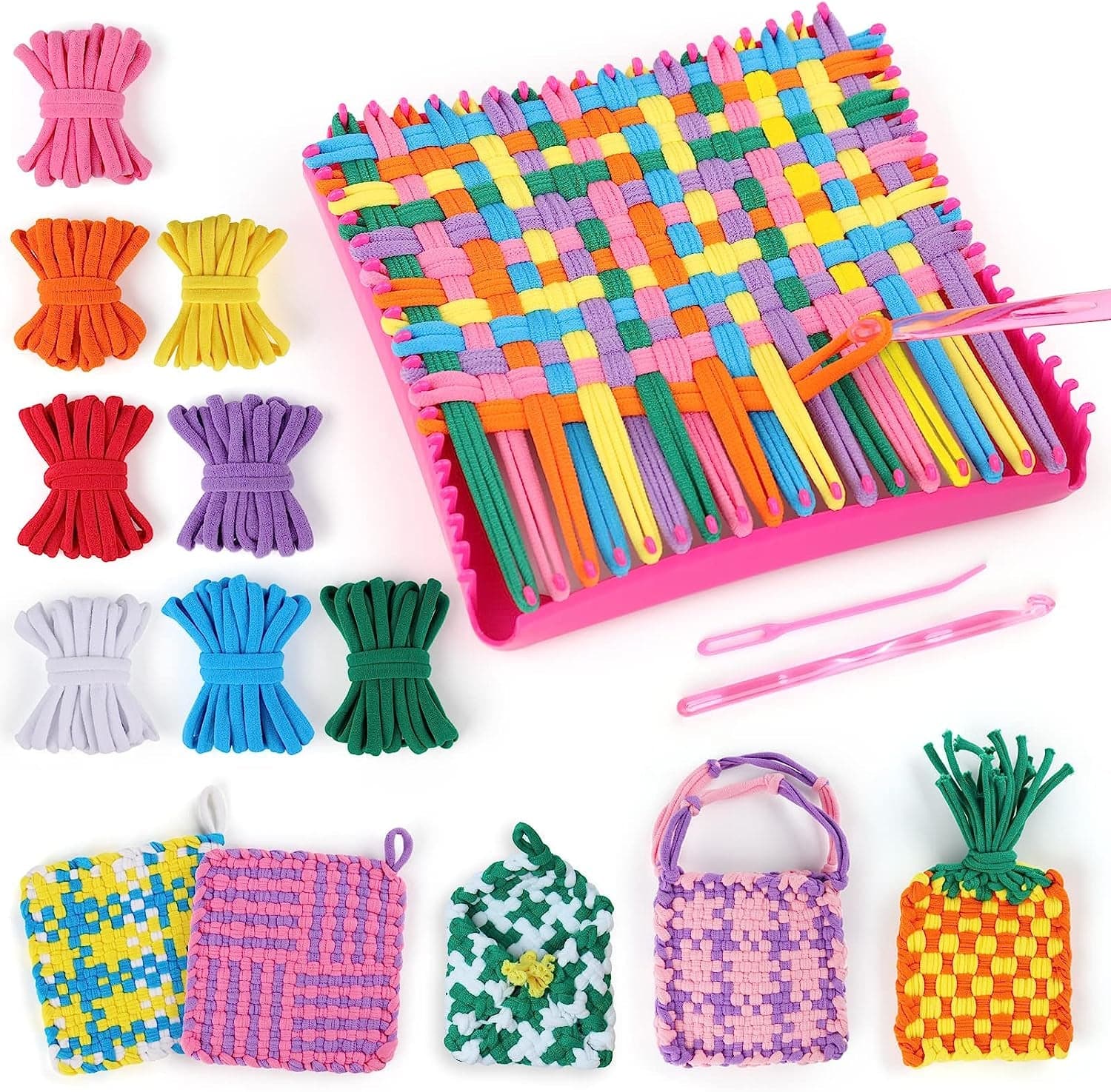 PREBOX Weaving Loom Kit Toys for Kids and Adults, Potholder Loops Crafts for Girls Ages 6 7 8 9 10 11 12, 7" Pot Holder Loom Knitting Kits and Gifts for Kids and Beginners, Make 6 Masterpieces