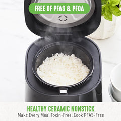 Greenlife Pfas-Free, 4-Cup Rice Oats and Grains Cooker, Healthy Ceramic Nonstick, Easy to Use Automatic Presets, Dishwasher Safe Parts, Black