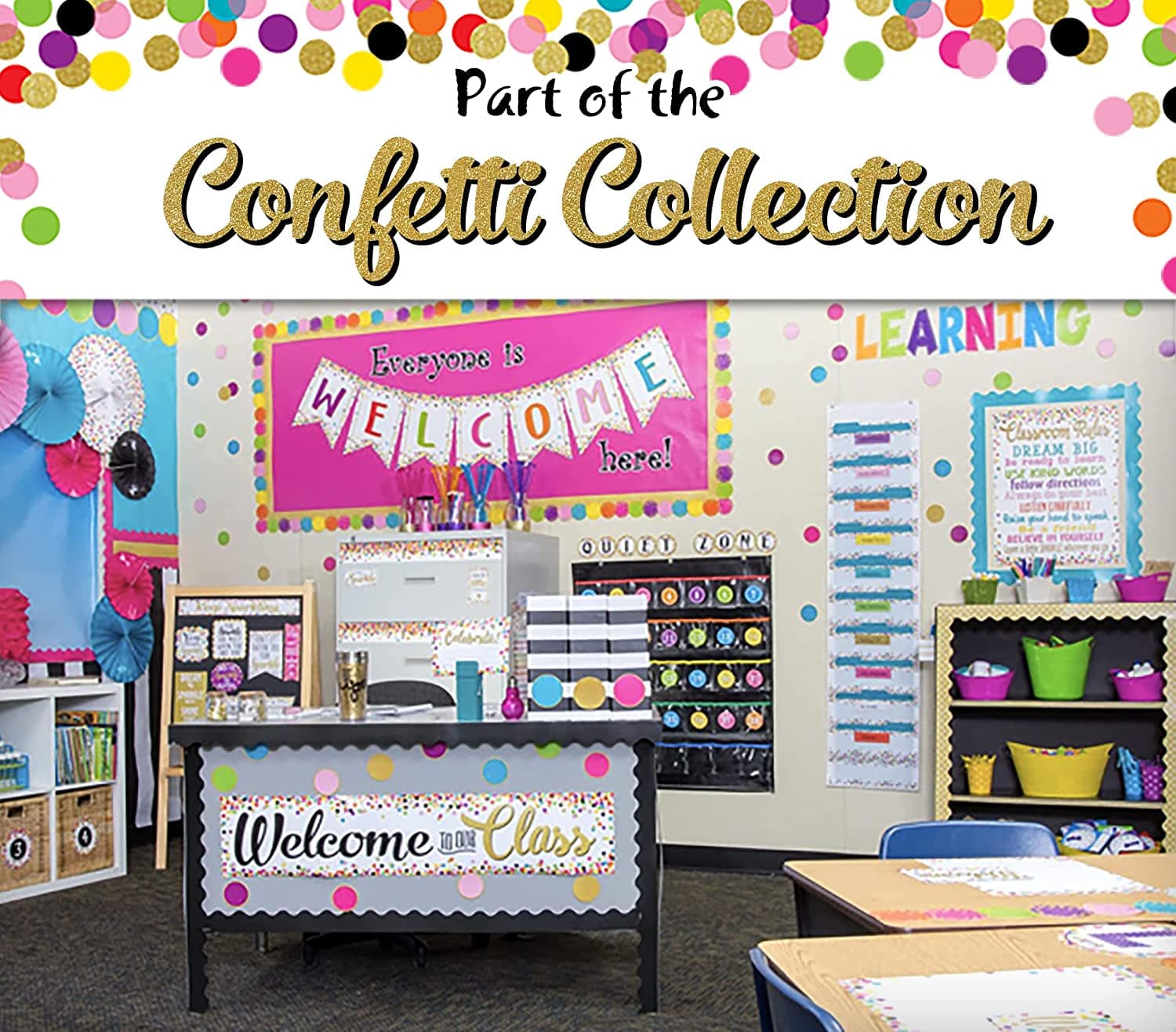 Teacher Created Resources Confetti Straight Rolled Border Trim - 50Ft - Decorate Bulletin Boards, Walls, Desks, Windows, Doors, Lockers, Schools, Classrooms, Homeschool & Offices