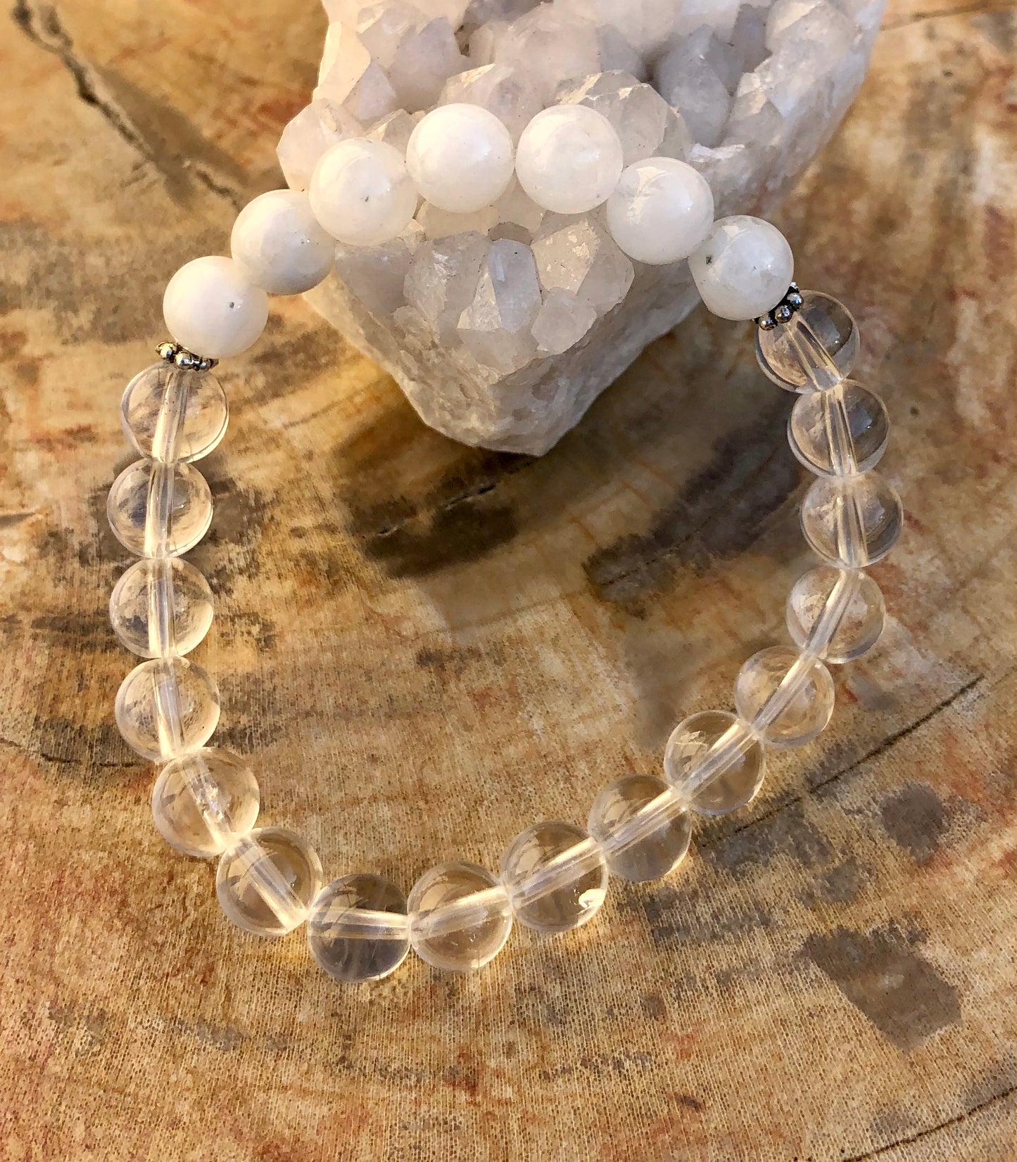 Rainbow Moonstone & Crystal Quartz Stretch Bracelet! Genuine Crystals!