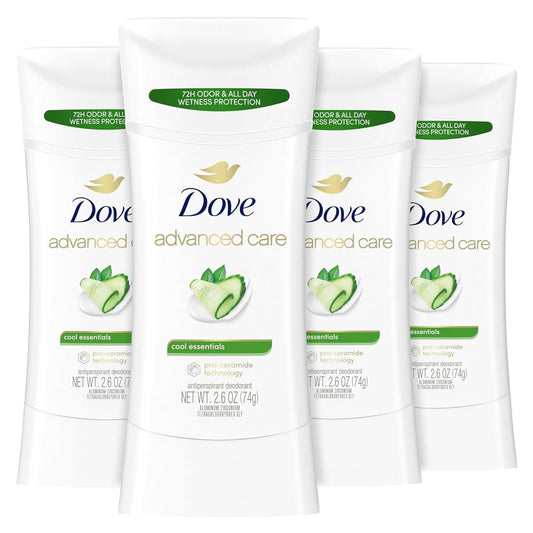 Dove Advanced Care Antiperspirant Deodorant Stick Cool Essentials 4 Ct for Helping Your Skin Barrier Repair after Shaving 72 Hour Odor Control and Sweat Protection with Pro Ceramide Technology 2.6 Oz