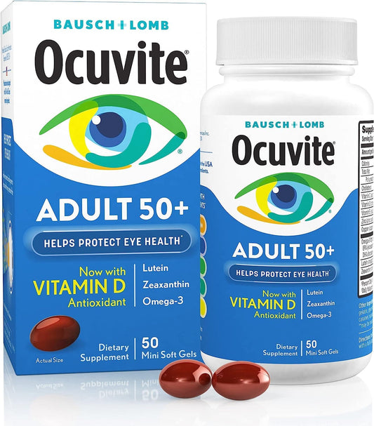 Ocuvite Eye Vitamin & Mineral Supplement, Contains Zinc, Vitamins C, E, Omega 3, Lutein, & Zeaxanthin, Bausch & Lomb Ocuvite Adult 50+ Eye Vitamin & Mineral Softgels, 50 Count (Packaging May Vary)