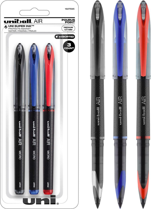 Uniball Air 3 Pack in Assorted, 0.7Mm Medium Rollerball Pens, Try Gel Pens, Colored Pens, Office Supplies, Colorful Pens, Blue Pens Ballpoint Pens, Fine Point, Smooth Writing Pens