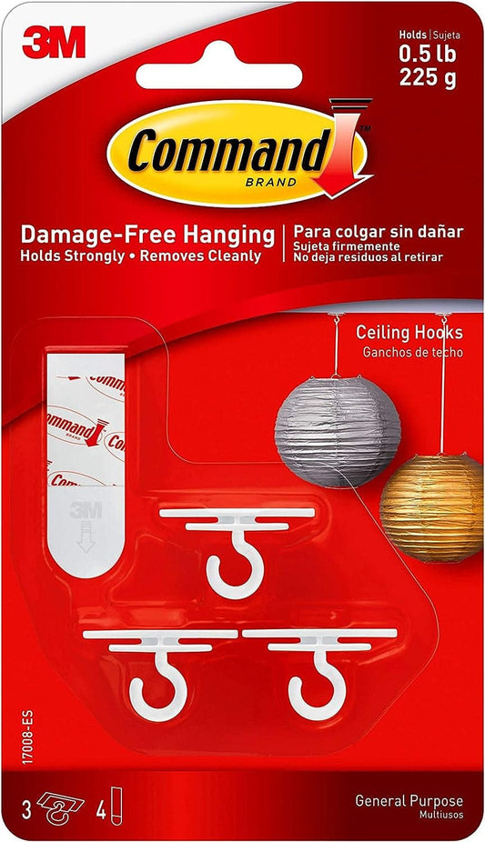 Command Ceiling Hooks, Total 12 Hooks with 16 Command Strips, Decorate Damage-Free, 3 Count (Pack of 4)