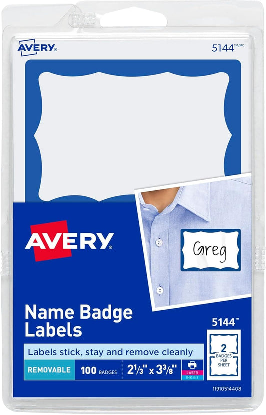 Avery Customizable Name Tags, 2-1/3" X 3-3/8", White with Blue Border, 100 Removable Name Badges (05144)