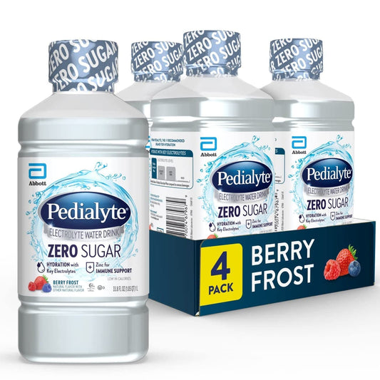 Pedialyte Electrolyte Water with Zero Sugar, Hydration with 3 Key Electrolytes & Zinc for Immune Support, Berry Frost, 33.8 Fl Oz (Pack of 4)