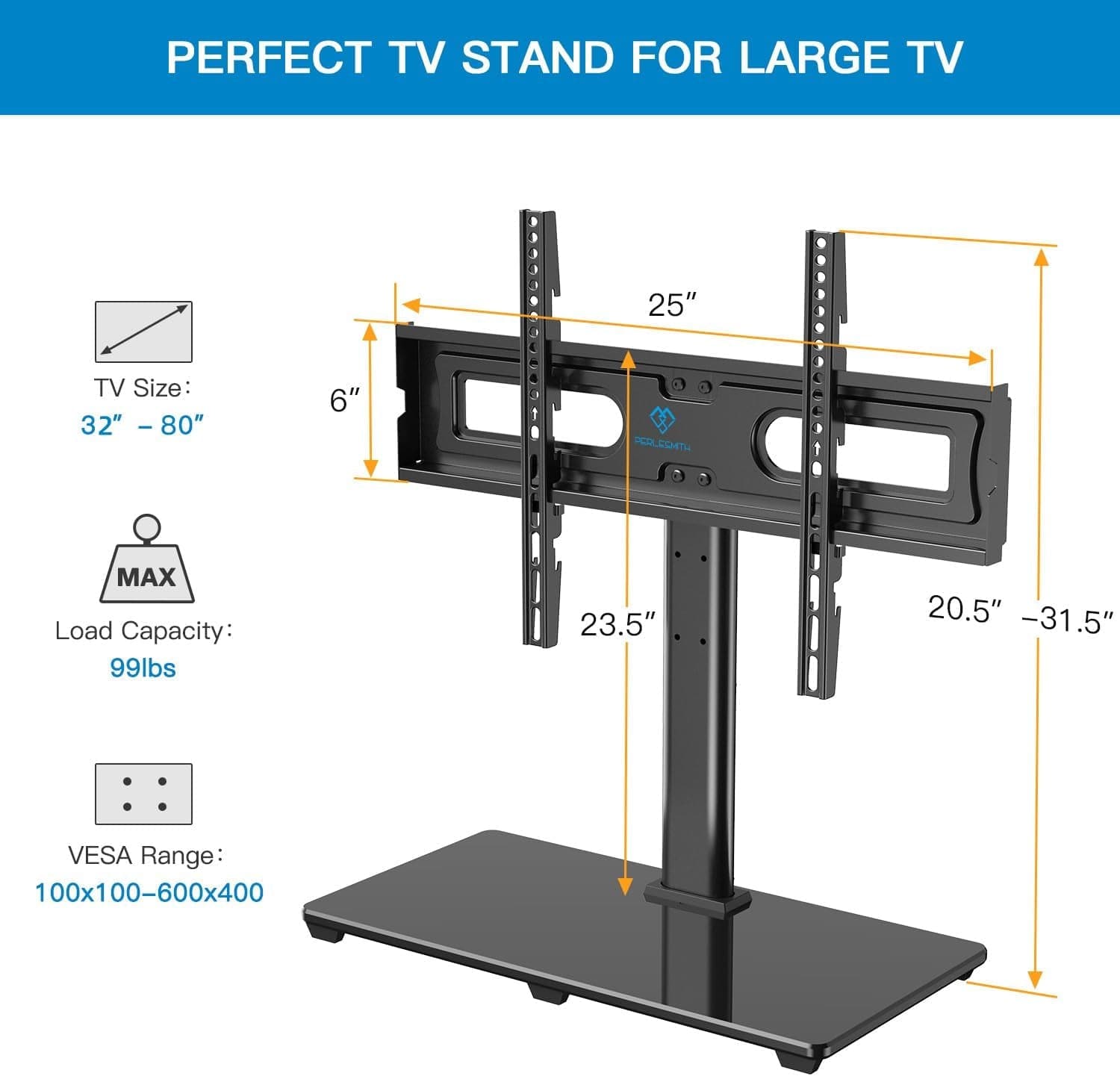 PERLESMITH Universal TV Stand Table Top TV Base for 32-80 Inch LCD LED OLED 4K Flat Screen Tvs-Height Adjustable TV Mount Stand with Tempered Glass Base, VESA 600X400Mm, Holds up to 99Lbs,Pstvs11