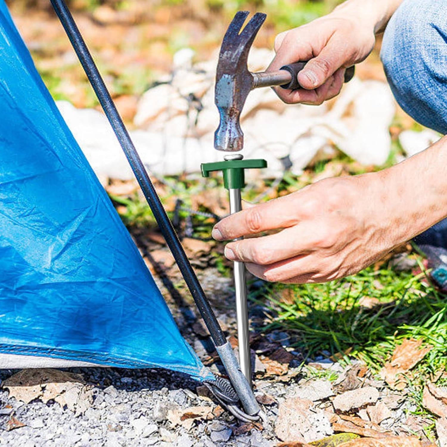 Eurmax USA Galvanized Non-Rust Camping Family Tent Pop up Tent Stakes Ice Tools Heavy Duty 10Pc-Pack, with 4X10Ft Ropes & 1 Green Stopper