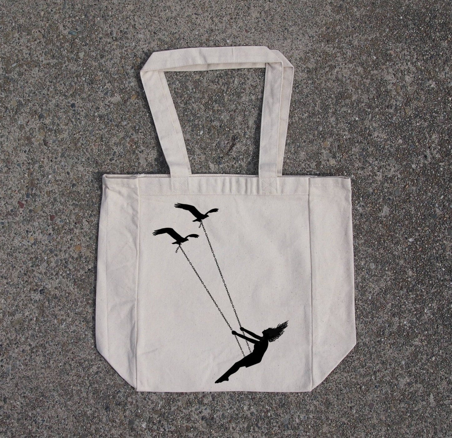 Flying bird swing- cotton canvas natural tote bag