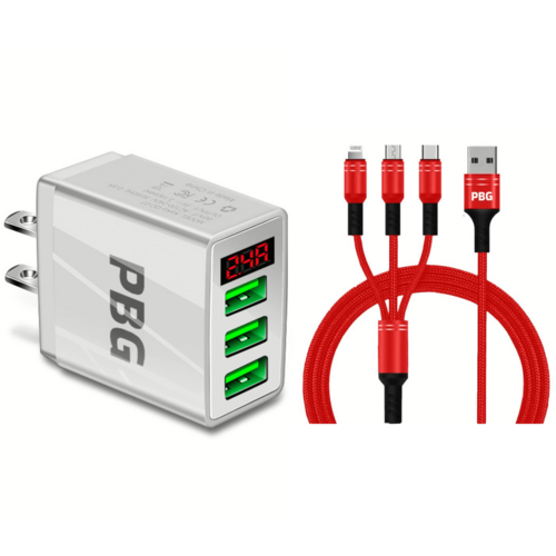 PBG 3 port LED Display Wall Charger and 3 in 1 Cable Bundle Red