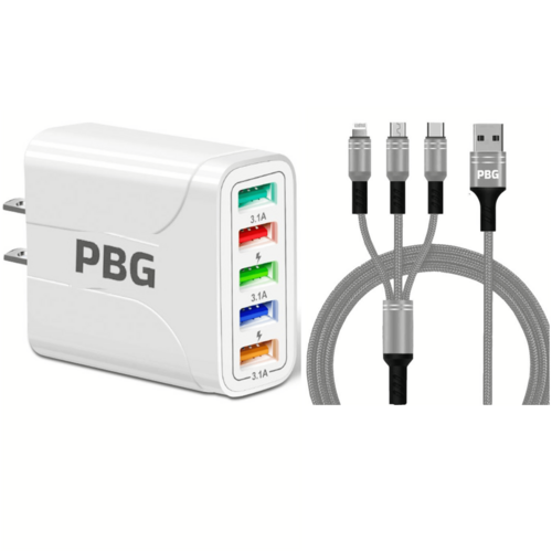 PBG White 5-Port LED Wall Charger & 3-in-1 Nylon Braided Fast Charging