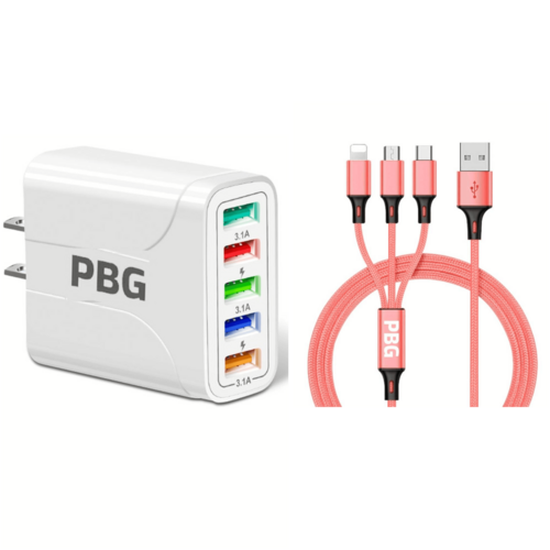 PBG White 5-Port LED Wall Charger & 3-in-1 Nylon Braided Fast Charging