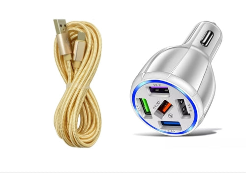 White 5-Port USB Fast Car Charger with LED, 10FT iPhone Cable - Quick