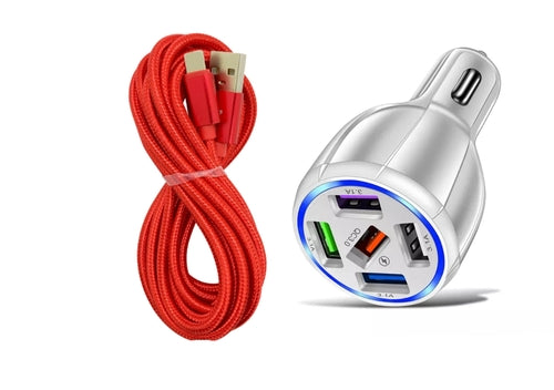 White 5-Port USB Fast Car Charger with LED, 10FT iPhone Cable - Quick