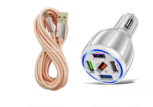 White 5-Port USB Fast Car Charger with LED, 10FT iPhone Cable - Quick