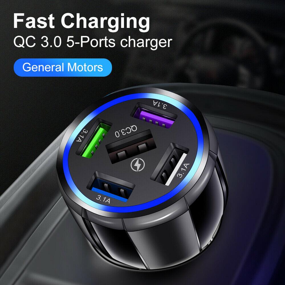 White 5-Port USB Fast Car Charger with LED, 10FT iPhone Cable - Quick